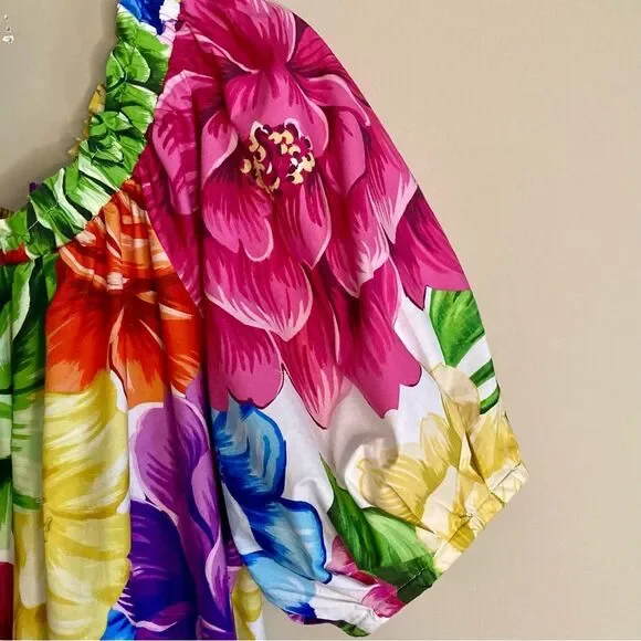 NEW FARM Rio Rainbow Chita Off Shoulder Maxi Dress Puff Sleeve Pink Floral L/XL - Picture 8 of 16